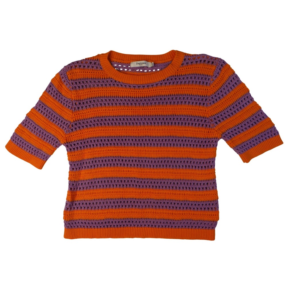 Daphnea Paris Striped Crochet‎ Knit Top Orange Purple Short Sleeve Women S